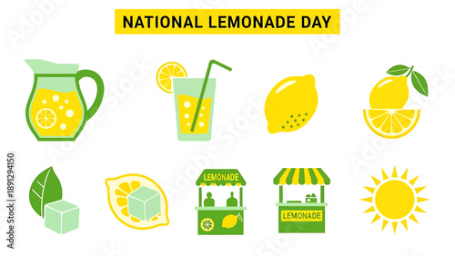 A graphic illustration for National Lemonade Day featuring pitchers glasses lemons stands and a sun