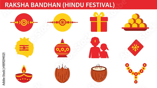Icons representing elements of the Hindu festival Raksha Bandhan displayed in three rows