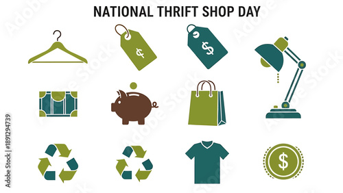 NATIONAL THRIFT SHOP DAY text above 12 flat icons arranged in three rows of four