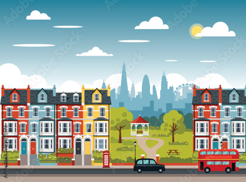 London europe street scene featuring colorful Victorian terraced houses, a red double decker bus, a black taxi, a public park