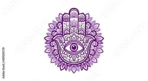 Intricate hamsa hand design with floral mandala accents in shades of lavender and lilac evokes