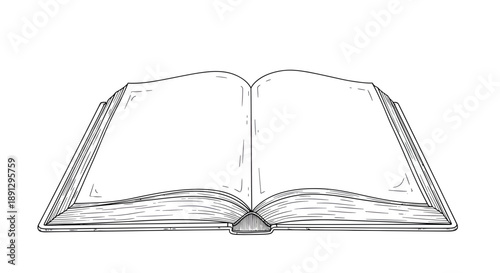 Hand-drawn open book illustration showcasing blank pages for creative input ready to be filled