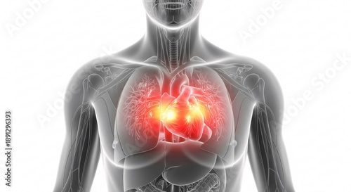 3D render of human body showing internal organs and highlighted painful heart with bright glow, medical illustration