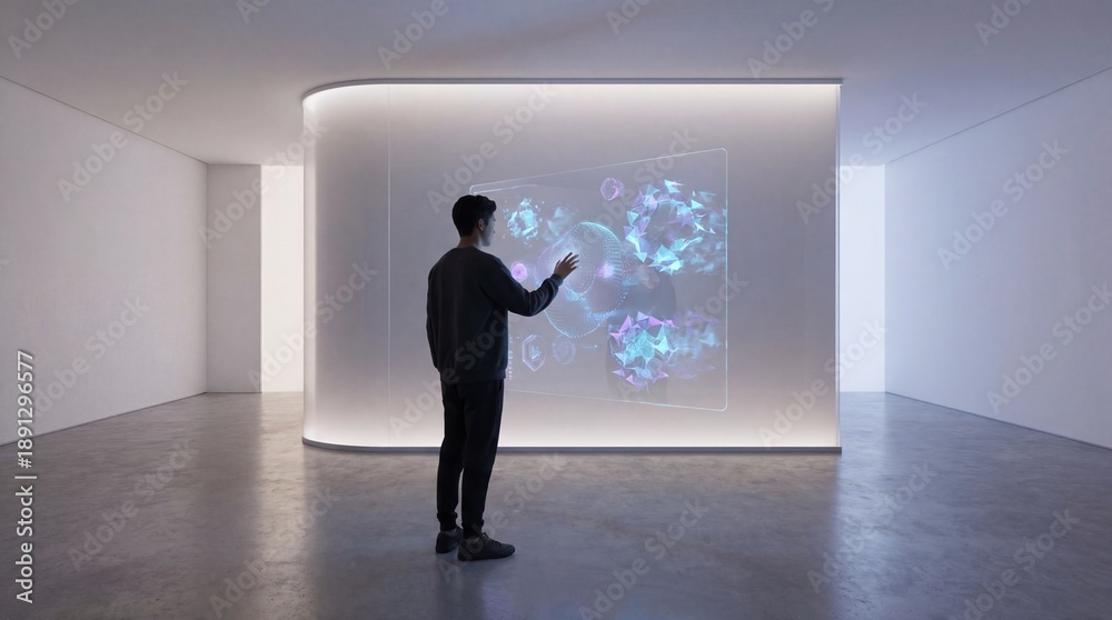 Fototapeta premium A man interacting with a futuristic holographic display in a minimalist white room with a polished concrete floor