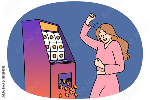 Woman won jackpot in slot machine with 777 on screen, celebrating luck tested in casino. Slot machine with money spilling out near girl vacationing in Las Vegas on summer vacation.