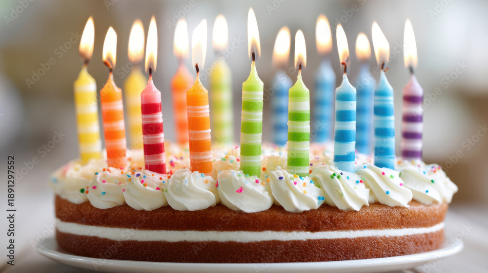Obraz premium Bright birthday cake with colorful candles and festive decoration