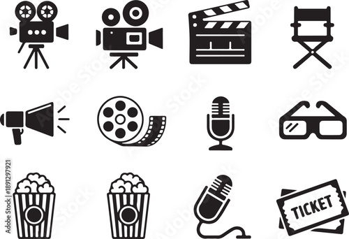 Collection of movie icons including camera clapperboard and popcorn