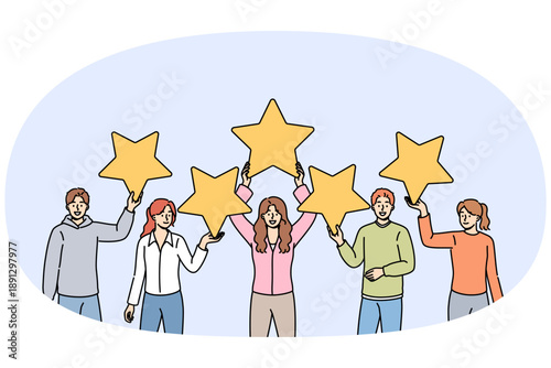 Five-star feedback from people who have used company services and given excellent rating on review site. Happy man and women show good rating for hotel or bar satisfying customers.