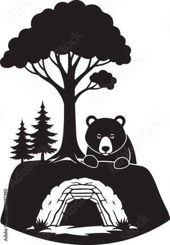 Black silhouette of a bear peeking from behind a tree near a cave entrance forest nature desi