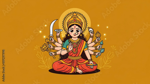 Goddess durga sitting in meditation pose with multiple arms