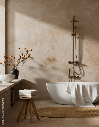 Luxury modern bathroom interior with freestanding bathtub, natural stone walls, spa inspired design, warm neutral tones and minimalist aesthetic. 3D illustration.