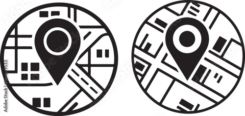 Map location icons with pin markers on transparent background