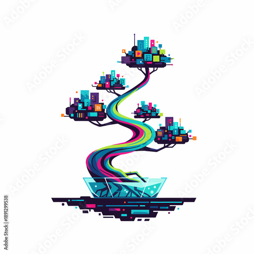 Abstract Bonsai Tree with Cityscape Foliage in a Geometric Bowl