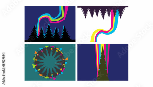 Abstract Aurora Borealis and Forest Landscape Designs
