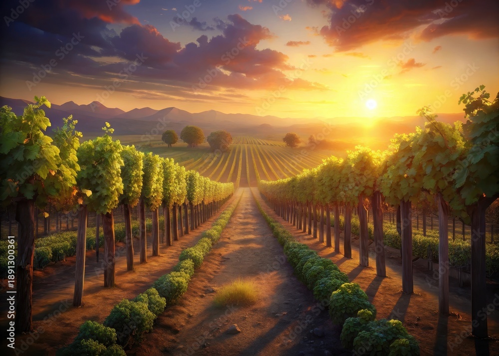 Fototapeta premium A rustic vineyard at sunset, with rows of lush green grapes and golden light illuminating the landscape
