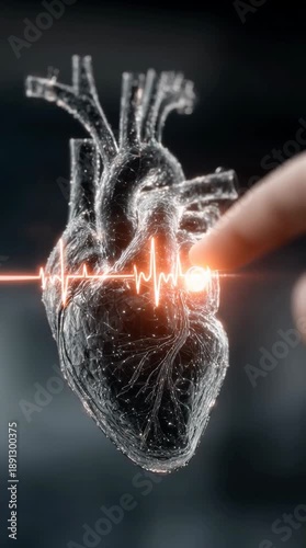 A close up of a digital 3D model of a human heart with a pulse line overlaid. A finger is touching the heart.