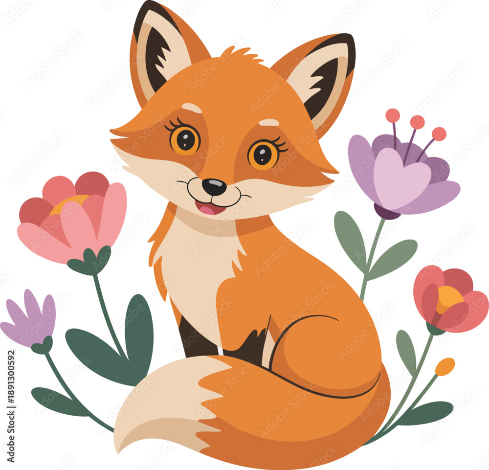 Fototapeta premium Cute Fox Sitting Among Flowers Vector Illustration for Children