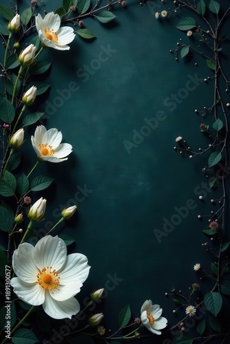 Moody floral backdrop; dark academia, gothic, white blooms, abstract, vintage, mysterious, moody, graphic