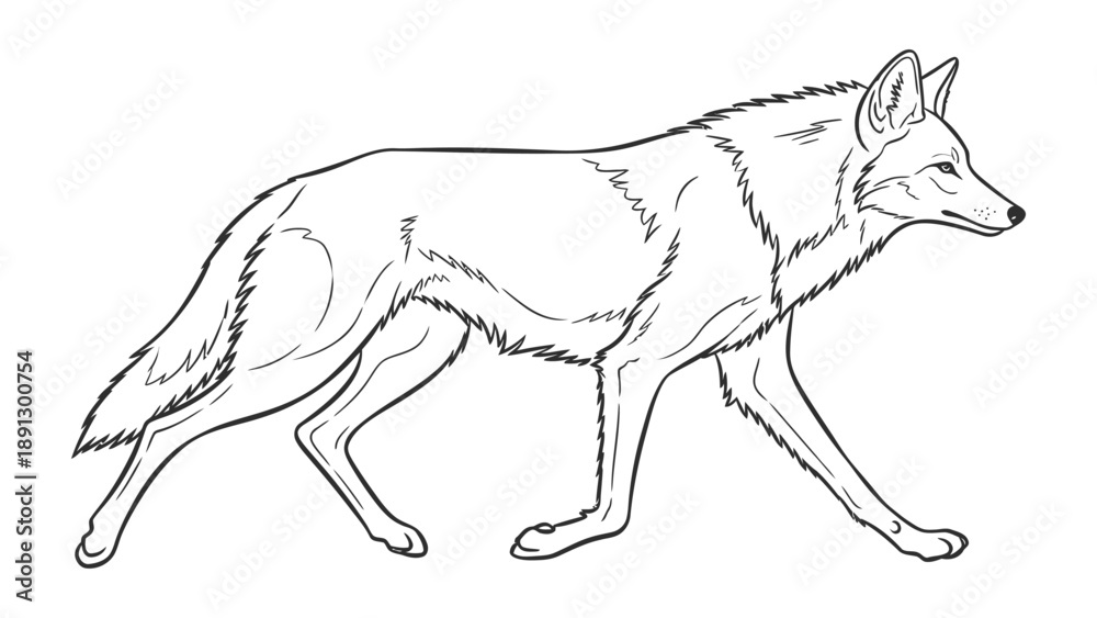Obraz premium Canine Contour: A detailed, minimalist line drawing of a coyote in mid-stride, showcasing the creature's elegant profile and the fluidity of its movement.