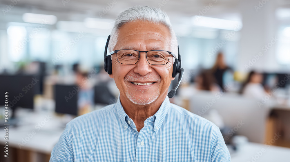 Fototapeta premium Man with grey hair wearing headset and eyeglasses, smiling. Professional customer service operator in a call center setting.