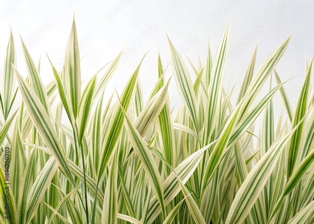 Fototapeta premium Delicate, variegated grass blades create a stunning, intricate pattern against a crisp white background