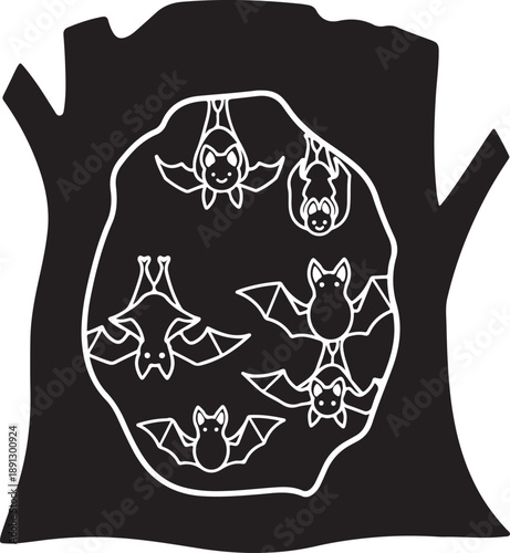 Black tree hollow filled with white outline bats hanging upside down des