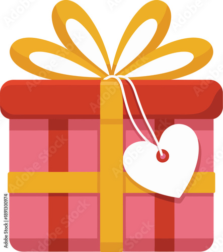 Vector Gift Box With Heart Tag and Ribbon Bow, Celebration Surprise Present, Valentine's Day Sub-Niche