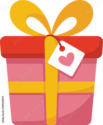 Vector Gift Box with Heart Tag, Ribbon Bow, Celebration Surprise, Birthday Present