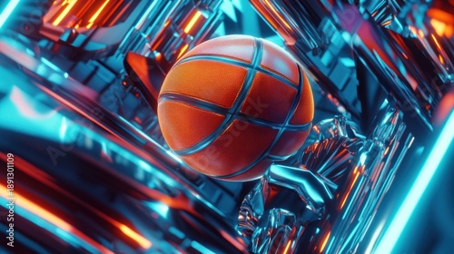 Orange basketball in a futuristic, metallic, glowing environment