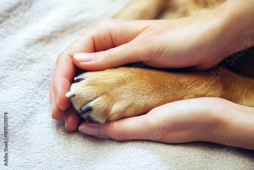 Human hand gently holding a dog's paw, symbolizing companionship and trust, with a soft focus background that enhances the emotional connection between pet and owner