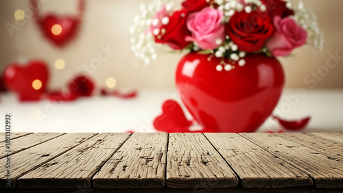 Romantic valentine's day setup with red roses and heart shaped vase