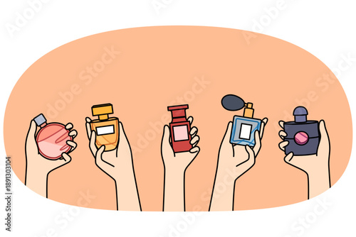 Bottles of perfume in hands of women choosing new scent to create desired look when going to party. Assortment of fragrances in perfume shop, with various essences and extracts for eau de toilette