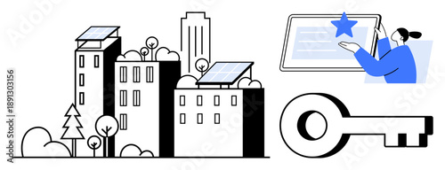 Renewable energy, urban sustainability, digital access, green technology, eco-friendly innovation, cybersecurity. Buildings with solar panels, a person interacting with a tablet, and a large key