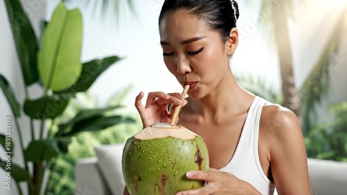 A woman holds a green coconut with a straw, near a blurry leafy plant
