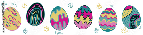 Bright funky Easter eggs vector set with bold abstract shapes, playful modern colors, hand drawn eggs isolated on transparent background