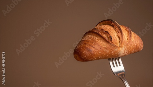 A fresh mini French baguette impaled on a silver fork against a warm brown background. Ideal for bakery menus, food blogs, and breakfast cafe promotions.