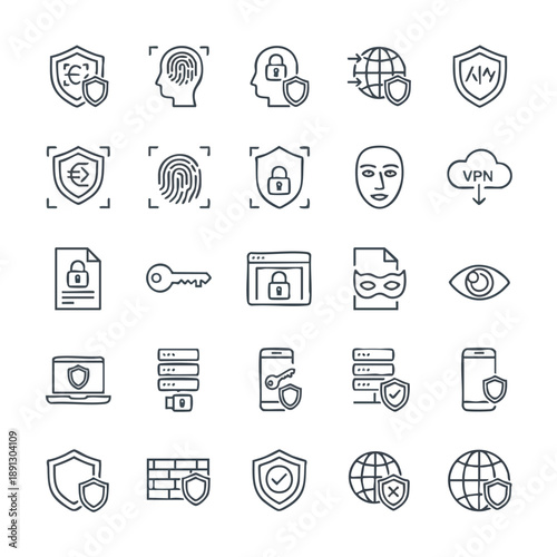 Digital security and privacy icons representing data protection and cybersecurity concepts.