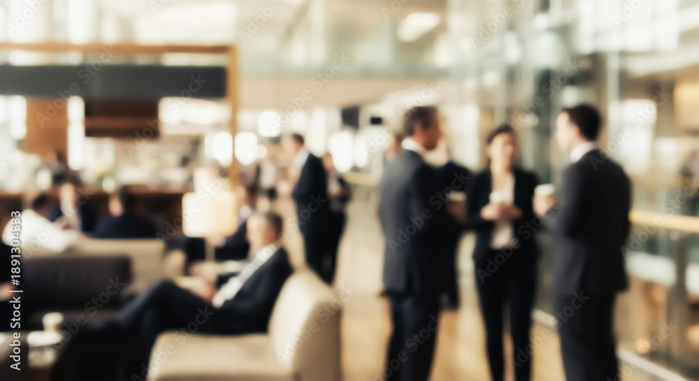 Fototapeta premium Blurred image of a group of business people standing and talking in a spacious modern hall