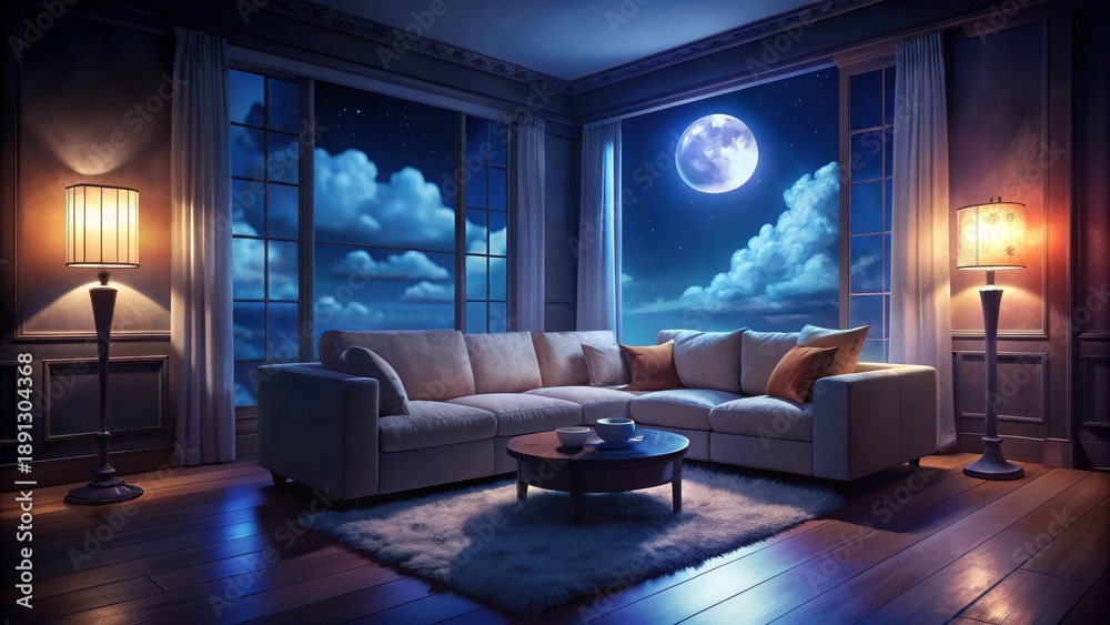 Fototapeta premium A warm and inviting room bathed in soft moonlight, with a plush sectional sofa as its centerpiece