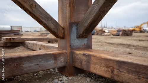 Rusted industrial metal support structure with wooden bracing beams at an outdoor construction site