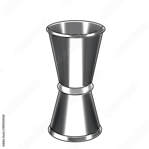 Measuring glass for cocktails vector illustration in line art style. Bar jigger equipment, black and white sketch. Retro engraving for design and menus.
