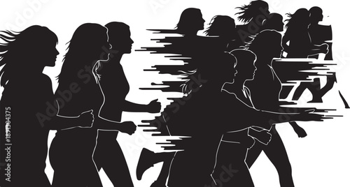 Silhouette of people running in a crowd together quickly