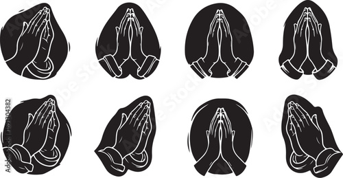 Praying hands in various positions and black silhouettes together