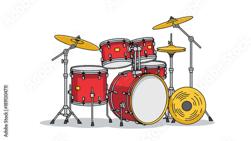 Red drum kit with yellow cymbals on a white background