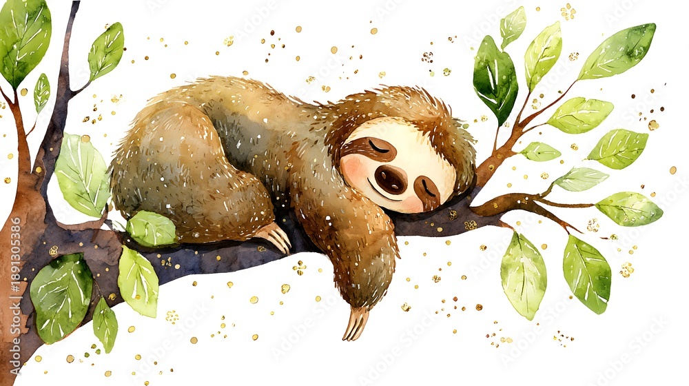 Fototapeta premium Watercolor Illustration Cute Baby Sloth Sleeping on Tree Branch Watercolor Illustration. Whimsical Nursery Art and Wildlife Concept. Sleeping sloth on a tree branch with a celestial pastel background.