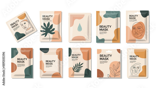Ten different beauty mask packages with abstract designs and illustrations