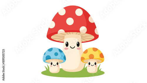 Three cartoon mushrooms with faces on a patch of grass