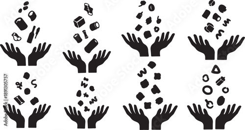 Hands releasing various shapes and symbols into the air