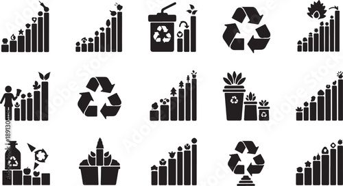 Eco Friendly Recycling Symbols and Bar Graphs Icons Set