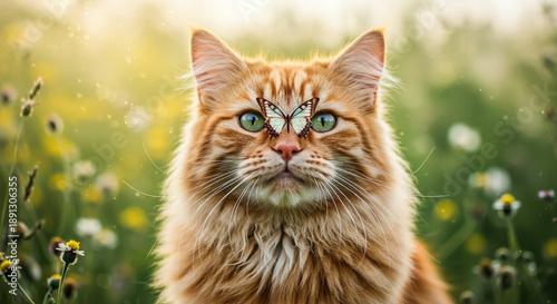 Ginger cat with butterfly in sunny meadow.